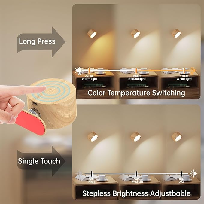 2Pack Battery Operated Wall Sconce, 3 Color Modes 3 Brightness Levels 360°Rotation Lighting Touch Control, Wall Mounted Lamp LED Wall Lights for Bedroom Reading Bedside, Wall Sconces Set of Two