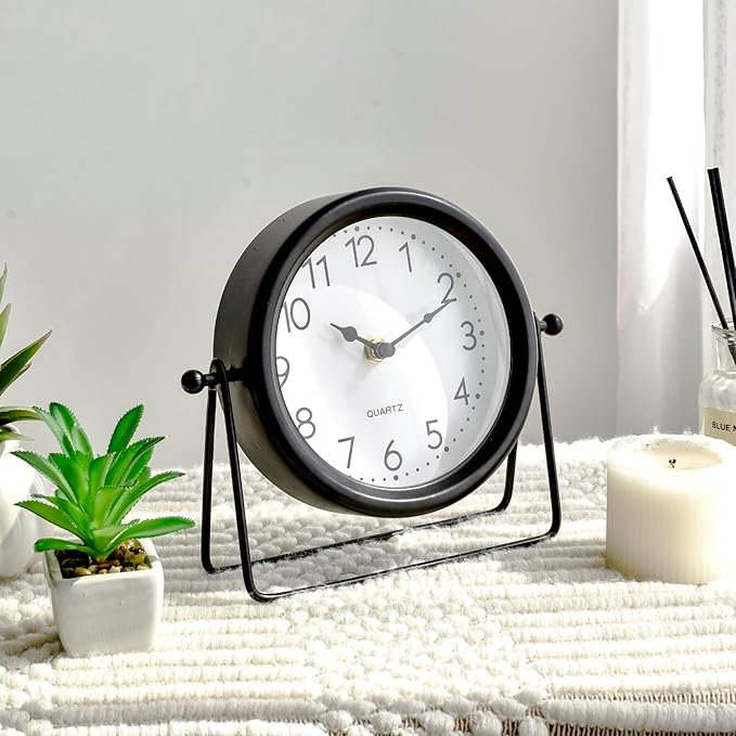Vintage Black Table Clock on Stand, Decorative Desk and Shelf Clock Decorative Battery Operated Table Top Decor for Living Room，Silent Non-Ticking