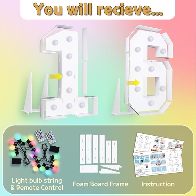 Marquee Numbers Colorful 16th Birthday Decoration: 4FT Large Light Up Sweet 16 Year Old Birthday Decorations Anniversary Backdrop Cardboard Sign 18 Colors Number 16 Mosaic Balloon Frame