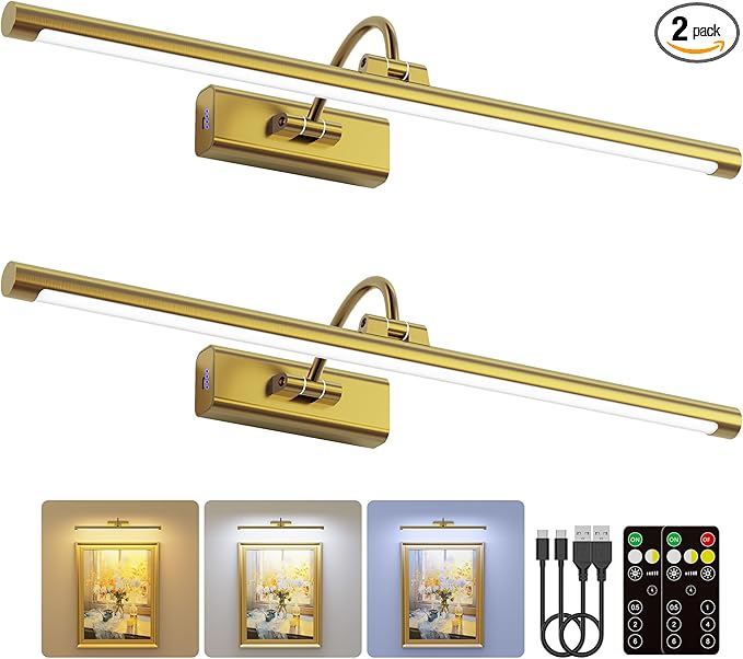 2 Pack 24" Brass Gallery Picture Lights - 8000mAh Rechargeable Battery Powered Wireless Lighting for Large Gallery, Museum & Living Room