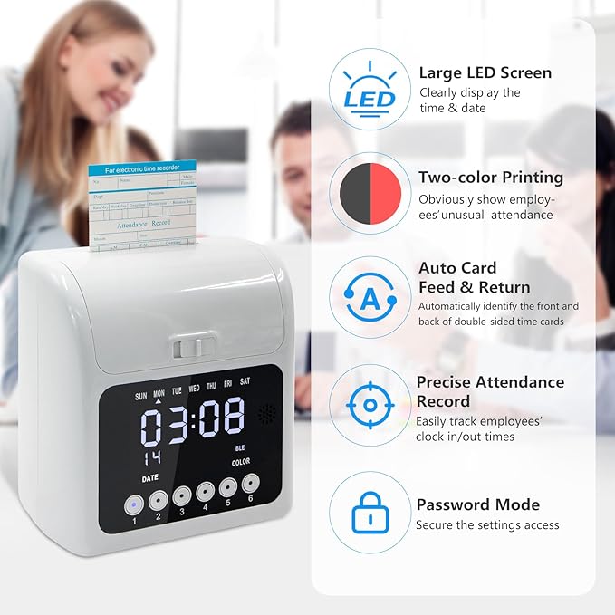 TooCust Time Clock Bundle for Small Business, Passcode Time Clock Punch Machine with 400 Time Cards, 4 Ink Ribbons, 2 Ten-Slot Time Card Racks, Auto-Align Clock in Machine for Employees