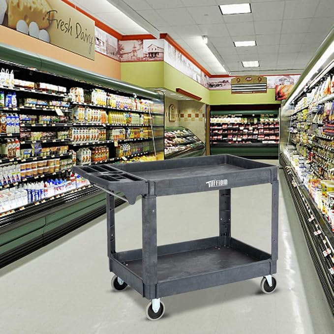 TUFFIOM Plastic Service Utility Cart with Wheels, 550lbs Capacity, Heavy Duty Tub W/Deep Shelves, Multipurpose Rolling Extra Large 2-Tier Mobile Storage Organizer, Warehouse Garage Industrial Cart