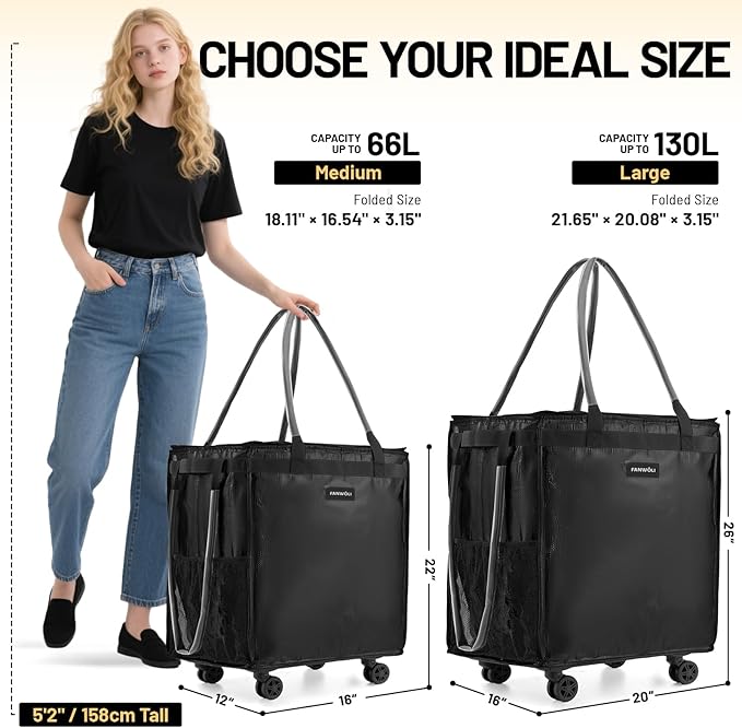 (Medium) Fanwoli Reusable Grocery Bag On Wheels with Removable Liner | Wrinkle-Resistant Fabric | Enhanced Stability Wheels & Extended Handle | Foldable Shopping Trolley for Laundry, Carries Up to 66L