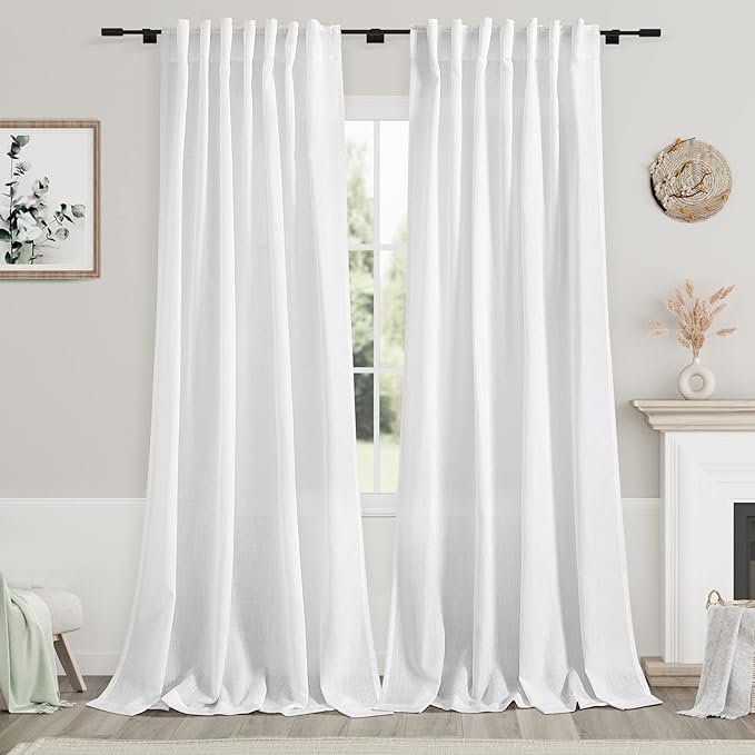 Nanspring Linen White Extra Long Curtains for Living Room 2 Panels Set Back Tab Light Filtering Semi Sheer Drapes Modern Farmhouse Decor Linen Textured Curtain for Floor to Ceiling Window 52x113
