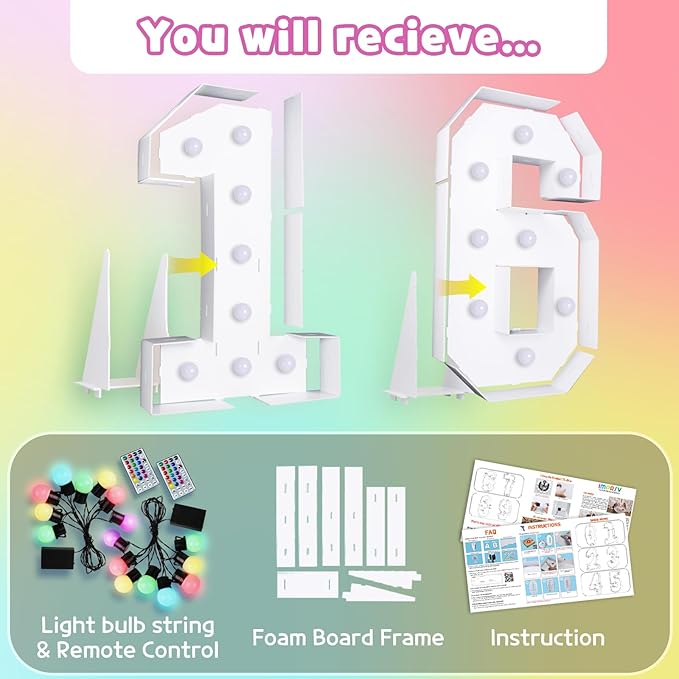 Marquee Numbers 16th Birthday Decoration: Colorful 3FT Large Light Up Sweet 16 Year Old Birthday Decorations Anniversary Backdrop Cardboard Sign 18 Colors Number 16 Mosaic Balloon Frame