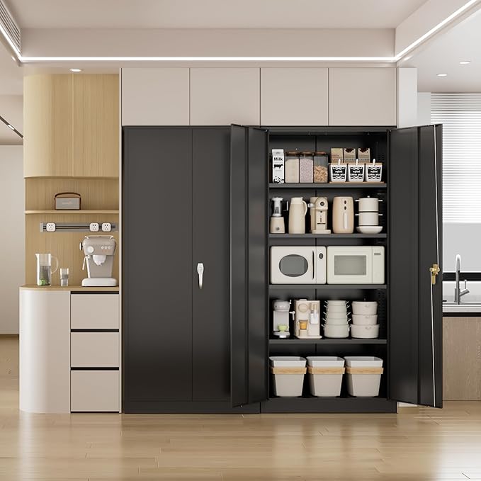 Pataku 71'' Metal Storage Cabinet, Garage Storage Cabinet with 2 Doors and 4 Adjustable Shelves, Steel Lockable Storage Cabinet, Black File Cabinets for Home, Office, Warehouse