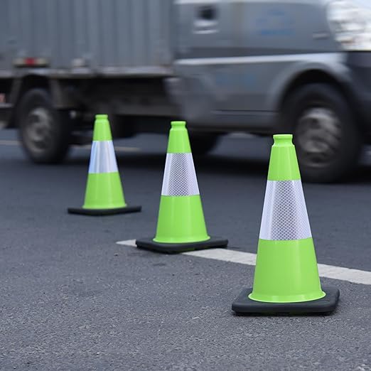8 Pack 18 Inch Green PVC Traffic Cones Black Base Stable Durable, Parking Lot Driveway School Training Safety Cones Multi-Purpose (8, Green, 18 Inch)