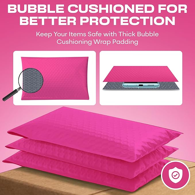 Hot Pink Small Bubble Mailers 4x8 Inch #000 | Thick Padded Poly Bubble Mailer Envelopes | 500 Pack Bulk | Trading Card Sports Card Shipping