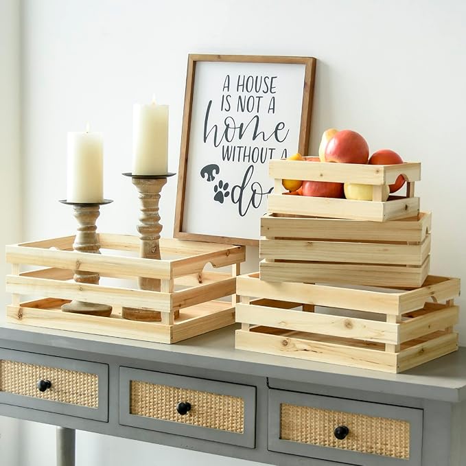 Set of 4 Large Wooden Crates Unfinished Office Storage Crates, Decorative Wood Storage Crates for Display, Rustic Pine Wood Organizer Bin Basket for Kitchen Pantry Bathroom