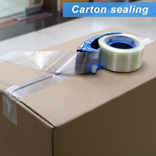 BOMEI PACK Strapping Tape 2Inch with Dispenser, Mono Fiberglass Reinforced Packing Tape with String for Shipping, 3Rolls x 5.5Mil x 35Yds, Total 105Yds