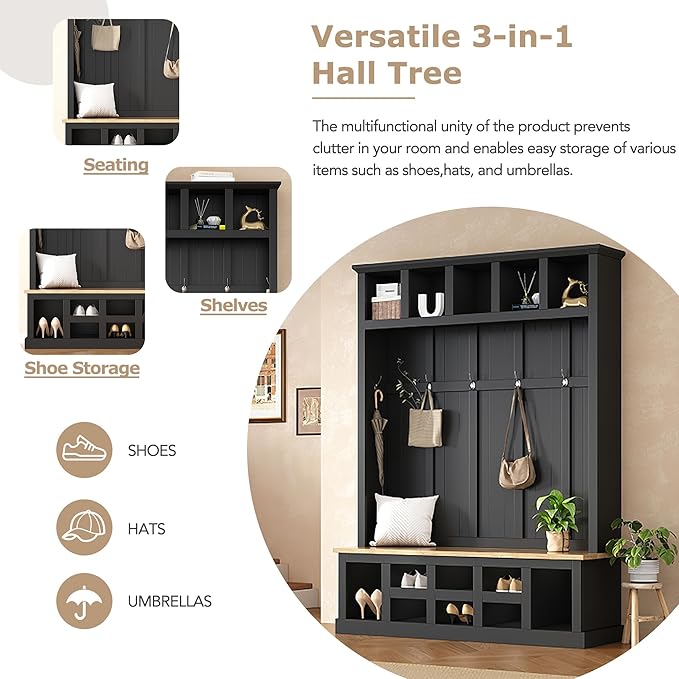 Farmhouse Wood Hall Tree with Bench and Shoe Storage, 5-in-1 Coat Rack with 6 Hooks for Entrance, Hallway Black