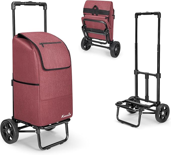 KEDSUM 2 in 1 Shopping Cart for Groceries, 330 lbs Grocery Cart on Wheels, Foldable Utility Carts with Wheels, Load-Bearing Hand Truck with Waterproof Bag for Shopping, Camping, Laundry, Garden, Red