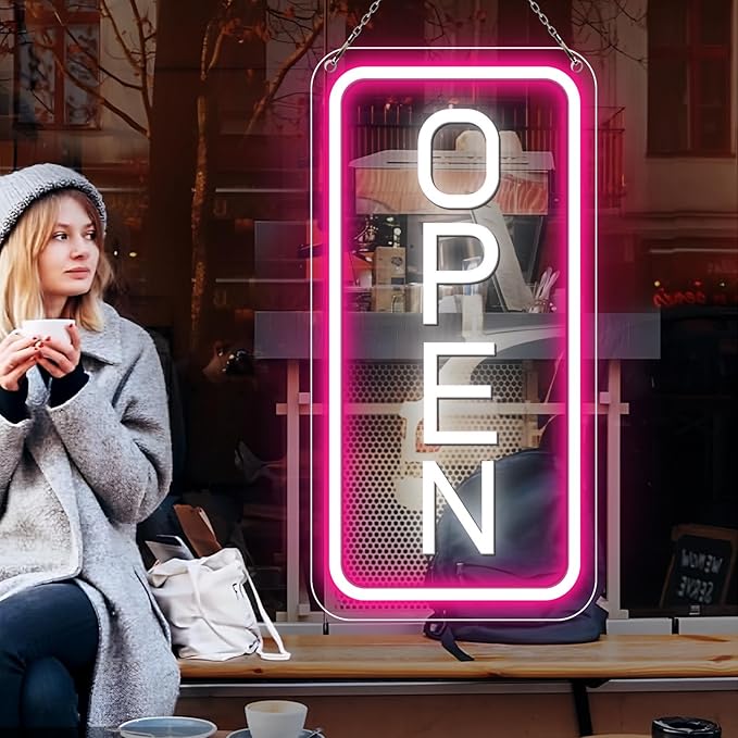 inShareplus 22.8"x 11.8" Open Signs for Business, Super Bright Sign Open, Neon Open Sign with ON/OFF Switch adapter, Electric Light up Sign for Stores, Restaurants Window (Pink&White Vertical)