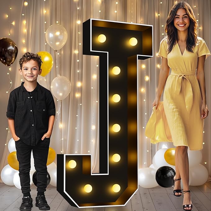 Pooqla 4 FT Marquee Light Up Letters, Black Letter Lights 4 Feet Tall, Giant Sign Big Mosaic for Balloons Birthday Party Anniversary Wedding Decorations, Warm White J