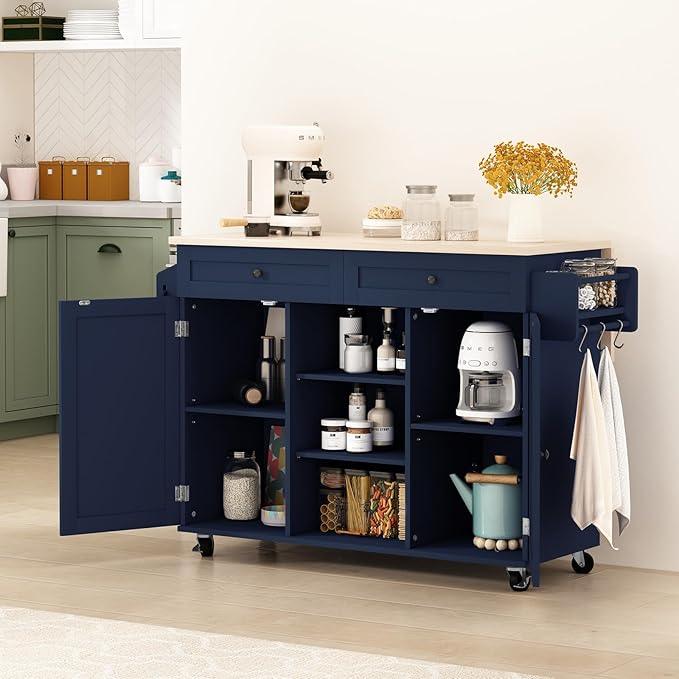 HLR Kitchen Island On Wheels, Blue Rolling Kitchen Island Cart with Solid Wood Drop Leaf Prep Table, Barn Door Kitchen Islands with Storage Cabinet and Tower Rack, Island Table for Kitchen