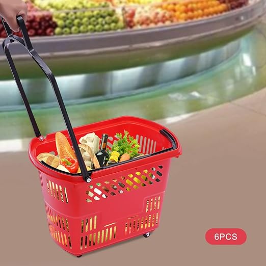Rolling Shopping Baskets, 6PCS Shopping Carts 35L/9.2gal Plastic Rolling Shopping Basket with Wheels and Handle for Carrying and Storing Clothing Groceries (Red)