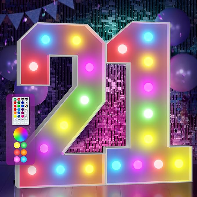 Marquee Numbers Colorful 21st Birthday Decoration: 4FT Large Light Up 21 Year Old Birthday Decorations Anniversary Backdrop Cardboard Sign 18 Colors Number 21 Mosaic Balloon Frame