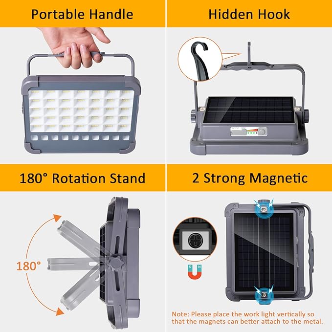 100W LED Rechargeable Work Light, 6000mAh Portable Solar Floodlight with 5 Light Modes, 10,000 Lumens Security Lights, IP66 Waterproof for Camping, Power Outages, Emergency, Hiking, Car Repairing