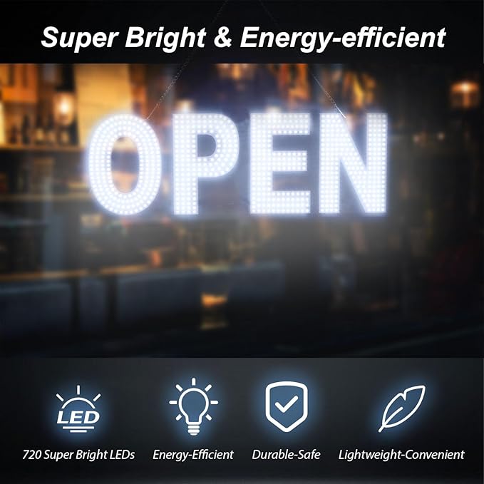 Open Signs for Business, 30"x10" Dimmable Large LED Open Light Up Sign with Hanging Installation for Salon Gym Cafes Store Office Bar Hotel Pubs Cold white