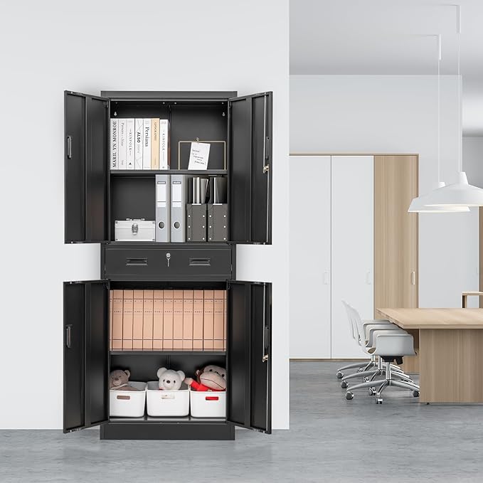 Metal Storage Cabinet, 71 Inch Tall Metal Storage Cabinet with Doors and Shelves, Pantry Cabinets with Drawer for Kitchen Storage, Garage Cabinet for Living, Dining Room, Assemble Required.