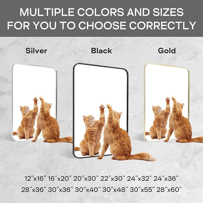 Wall Mount Mirror for Bathroom, Brushed Gold Metal Framed Rounded Corner Rectangular Vanity Mirror, Tempered Glass (28" x 36", Gold)