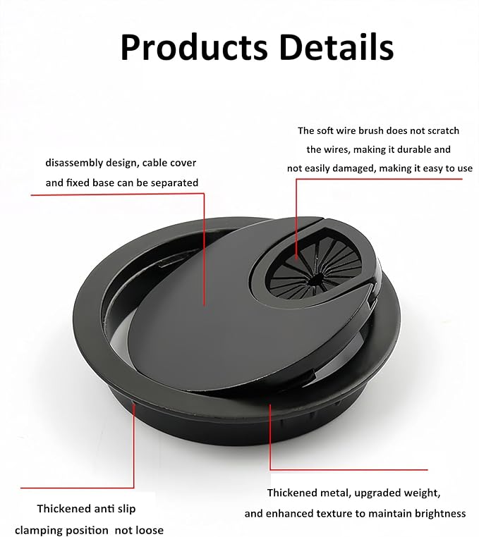 3 Pcs Satin Nickel Metal Cable Grommet, Zinc Alloy Desk Table Grommet Cable Cord Hole Cover for Home and Office, Fits 2inchs Hole 50MM Black