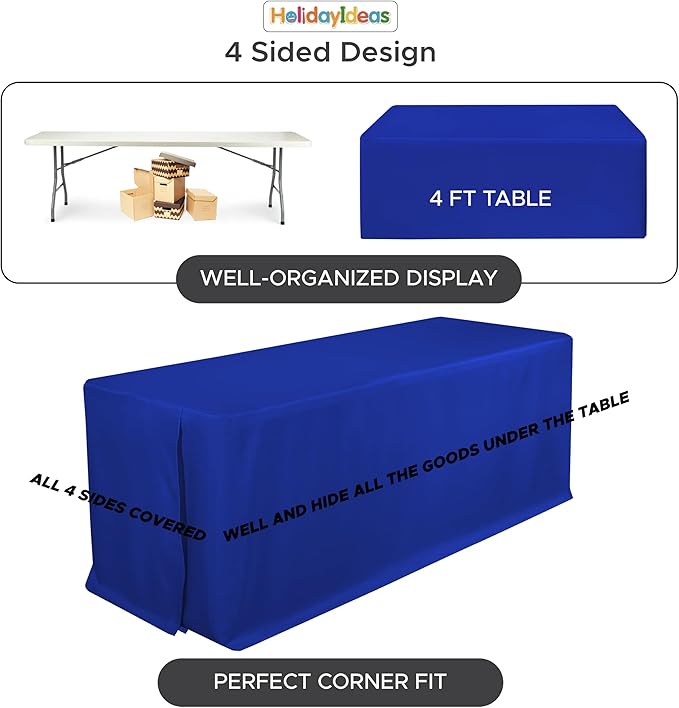 HolidayIdeas Fitted Tablecloths for 4 Foot Rectangle Table, Wrinkle Resistant Washable Table Cover 24x48 Inch for Vendor Booth Display, Banquet, Trade Show, Royal Blue, 4 Pcs