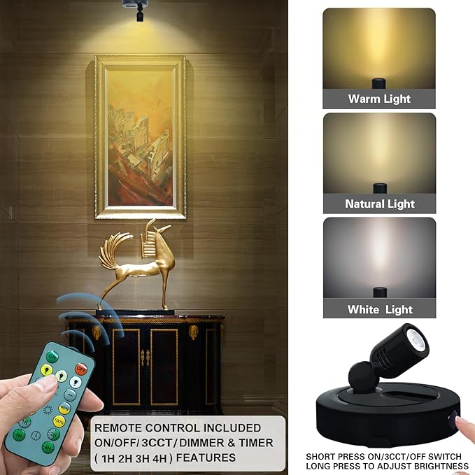 Rechargeable LED Spotlight, 3 Lighting Modes Indoor Spotlights, Battery Powered Spot Lights with Remote, Up Light for Plants, Timer Dimmable Picture Light for Wall Artwork-Black