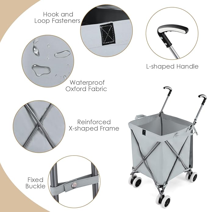 Goplus Folding Shopping Cart with Wheels, Grocery Cart with Removable Oxford Cloth Liner, Lightweight Utility Cart for Groceries Laundry, Gray