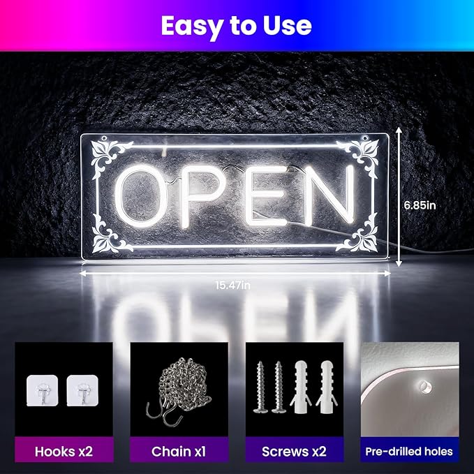Open Signs for Business, LED Neon Open Sign Lighted Open Lights for Business Window Door Wall Hanging Coffee Snack Bar Restaurant Barbershop Retails Store Shop, USB Power & Dimmab