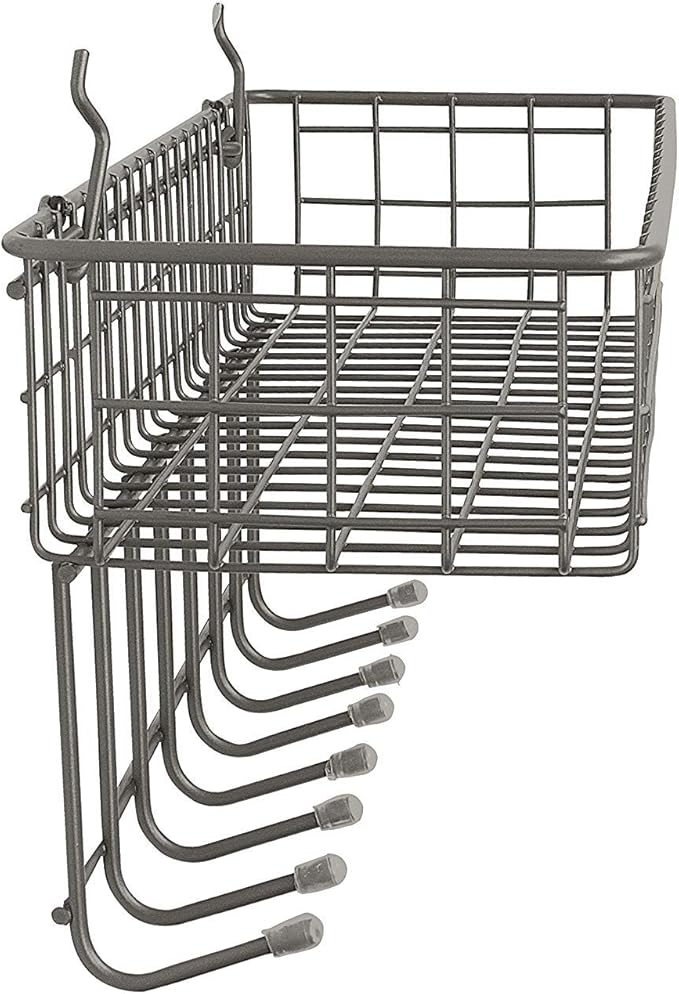 Spectrum Pegboard & Wall Mount Wire Basket With 8-Hook Station (Industrial Gray) - Storage & Organizer For Garage, Tools, Shed, Home, Work Bench, Crafts, & More