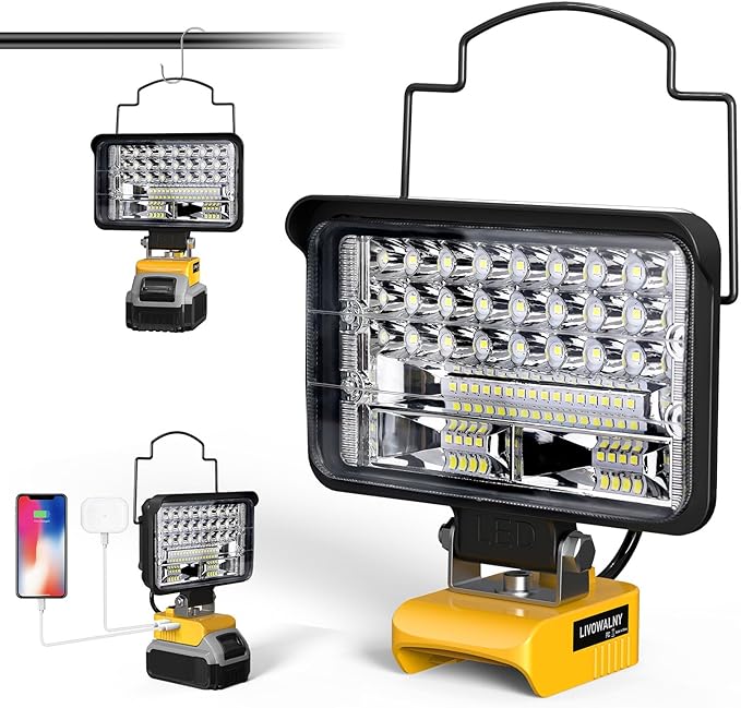 LIVOWALNY Cordless LED Work Light Compatible with Dewalt, 78W 7800LM 5" 20V Battery Flashlights with USB & Type-C & Low Voltage Protection & 140° Pivoting Head for Emergency, Outdoors & Job Site Light