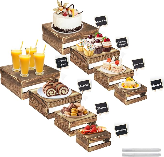 8 Pcs Buffet Risers with Mini Signs, Rustic Wood Cake Stands, Food Risers for Buffet Table, Dessert Display Stand, Wood Crates, Rustic Cake Stand for Party, Wedding, Birthday, Baby Shower, 4 Sizes