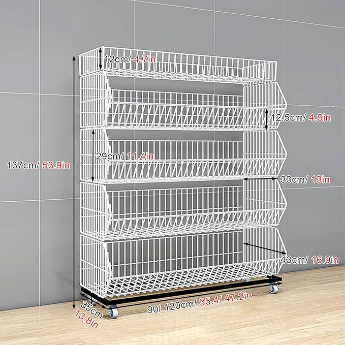 Commercial Supermarket Display Cart - 5-Tier Industrial Slanted Rolling Shelves Metal Storage Rack for Retail Store, Warehouse & Home Use, 66LBs/Tier Tool-Free Setup