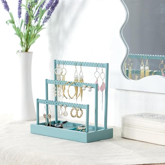 SANY DAYO HOME 3-Tier Earring Holder Organizer Stand, 105 Holes Teal Blue Metal Earring Rack Jewelry Display Tree with Wood Tray for Women and Girls