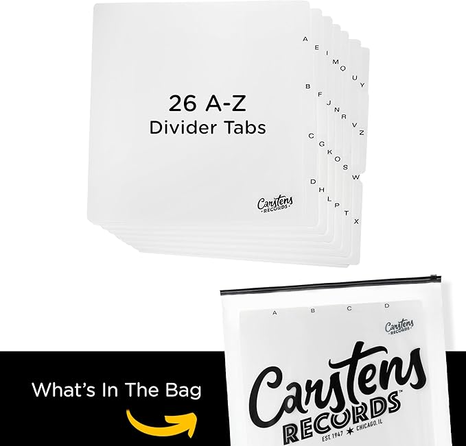 Carstens Records Heavy Duty Vinyl Album Dividers A-Z | Single Sided Printing | 12" LP Organizers with Tabs | Pack of 26 White | Made in The USA | for Side Browsing