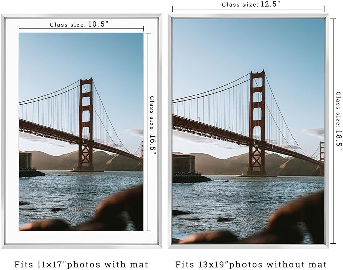 Frametory, 13x19 Metal Picture Frame with Mat for 11x17 Picture & Real Glass, Aluminum Photo Frame Collection (Silver, 1 Pack)