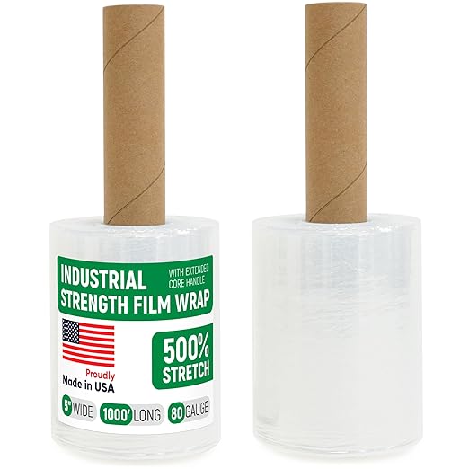 5" x 1000' Industrial Strength Mini Stretch Wrap Rolls with Extended Core Handles, Ready to Use Pack of 2 Clear Stretch Film Rolls, 80 Gauge, 500% Elongation - Shrink Wrap for Moving, Packing