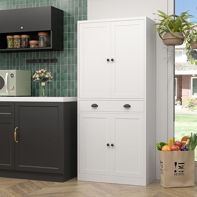 71” Food Pantry Storage Cabinet with Drawer,White Metal Kitchen Pantry Cabinet with Doors and Adjustable Shelves,Tall Storage Cabinets for Pantry,Kitchen,Livingroom