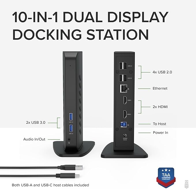 Plugable USB 3.0 and USB-C Universal Laptop Docking Station with 2 HDMI Ports for Windows, Mac (Driver Required), and ChromeOS, Gigabit Ethernet, Audio