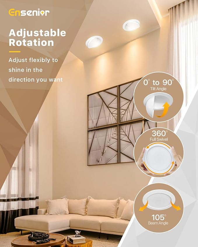 Ensenior 6 Pack 6 inch Gimbal Led Recessed Lighting, 90° Rotatable and 5CCT Selectable, Dimmable Eyeball Recessed Lights, Angled Adjustable Ceiling Downlight, 1200LM, 12W=115W-ETL&FCC Certified
