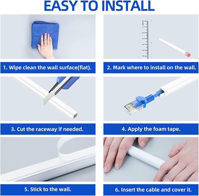Delamu 128in Cord Hider for 1 Cord, Self-Adhesive Cord Covers for Wires on Wall, Easier Install Wire Covers for Cords on Wall, Cable Wire Hider, Cable Cover Management Raceway, W0.48 H0.3in, White