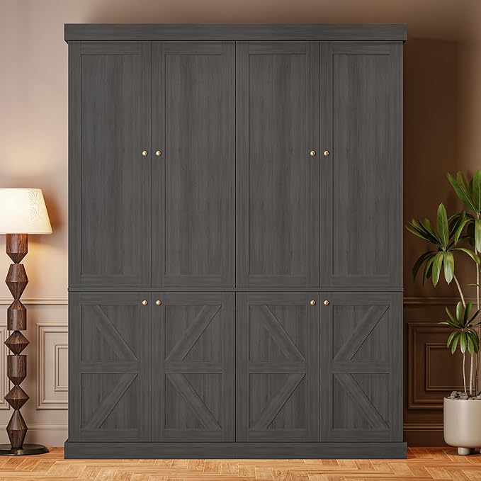 70.8" Tall Bookshelf with Doors, Farmhouse Modular Bookcase with 4-Tier Adjustable Shelves, Large Storage Cabinet for Home Office, Living Room, Black