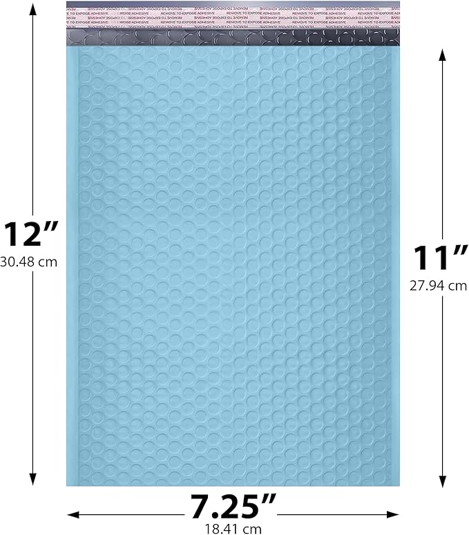 Light Blue Poly Bubble Mailers 7.25x12 inch #1 | Self Seal Padded Envelopes | Cushioned Bubble Mailer | Usable Size 7.25x11 | WaterProof | Lightweight mailing Shipping Bags | 100 Pack Bulk