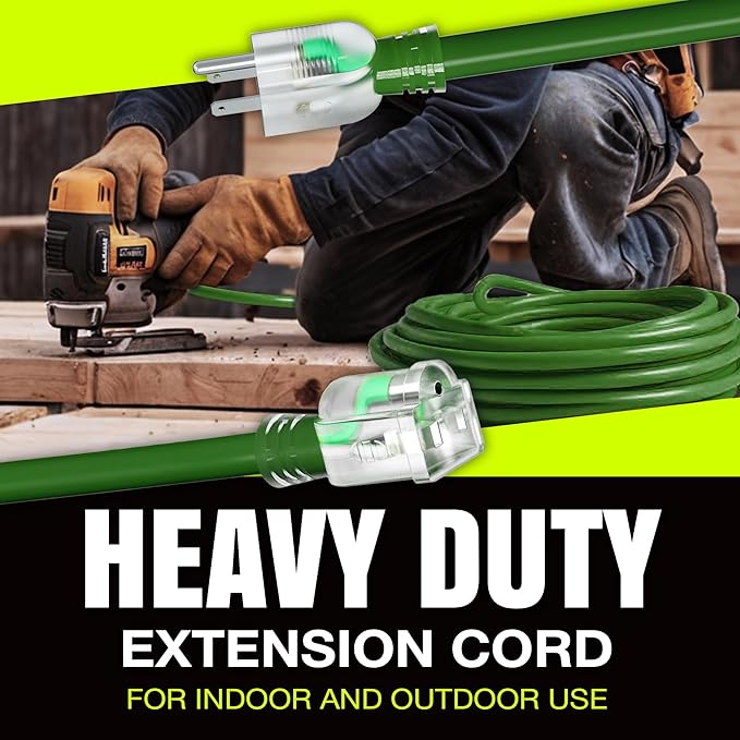 25ft Outdoor/Indoor Extension Cord 12/3 Gauge Extra Heavy Duty 3 Prong SJTW, Waterproof, Flexible Cold-Resistant Long Power Cord,15A 125V 1875W, Green by LifeSupplyUSA