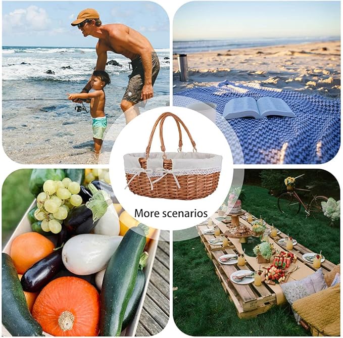 Large Wicker Picnic Basket with Handles,Handle Sturdy Woven Body with Removable and Washable Lining,Outdoor Camping,Gift Packing,Garden Picking, Storage.White