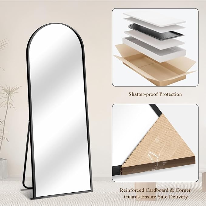 57"x20" Full Length Mirror with Stand, Shatterproof Arched Floor Mirror, Aluminum Alloy Thin Frame - Freestanding/Leaning/Wall Mount for Bedroom, Living Room & Entryway (Black)