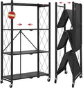 DEANIC 4 Tier Foldable Storage Shelves with Wheels, Large Capacity Shelving Unit, Freestanding Metal Wire Shelf Rack, No Assembly Organizer Rack for Garage Kitchen, Basement, Pantry(Black)