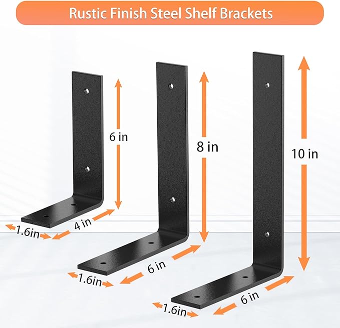 Black Heavy Duty Shelf Brackets 8 Inch, Extra Thick L Shelving Brackets, Rustic Gold Iron Floating Shelves Wall Mounted with Hardware for DIY Open Shelving, 4 Pack