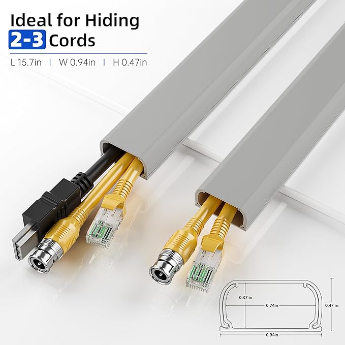Delamu 142in Grey Cord Hider Cable Hider, Cord Covers for 2-3 Wires on Wall, Premium Wire Hiders Wire Covers for Cords on Wall, Easier Setup TV Cable Cover Management Kit, W0.94 H0.47in, Grey